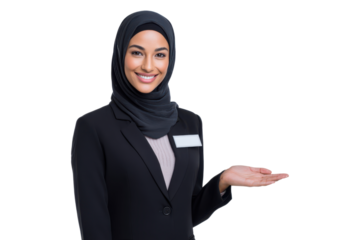 Smiling Muslim woman in black business suit presenting with open hand, PNG