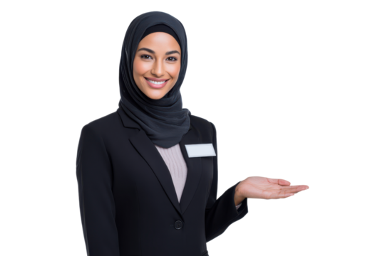 Smiling Muslim woman in black business suit presenting with open hand, PNG - Powered by Adobe