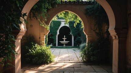 Obraz premium Serene garden courtyard with fountain framed by arches at golden hour in a lush green environment