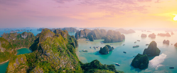 Panorama landscape sunrise over Halong bay's limestone islands in Vietnam