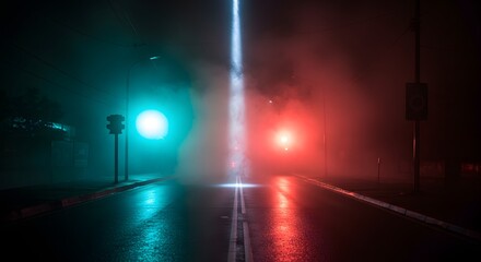 Street at Night with Traffic Light and Heavy Fog