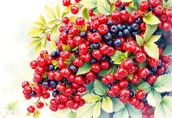 Vibrant watercolor painting of red berry-laden bush; tayberries, salmonberries, wine raspberries,  texture,  vibrant