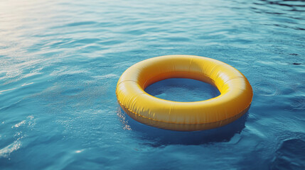 Yellow pool float ring on vivid blue water, embodying summer fun and swimming safety