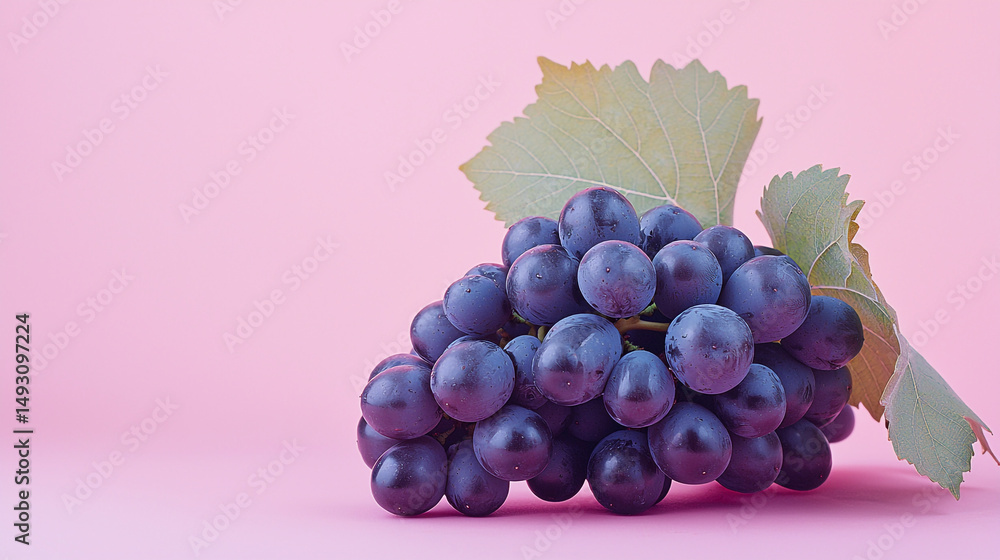 Poster close up of a bunch of dark grapes with leaves on a light pink background in a studio setting