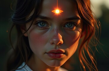 Young woman with captivating eyes and glowing third eye symbol on forehead, illuminated by soft light, showcasing an ethereal and mystical atmosphere, representing inner vision and spiritual awakening