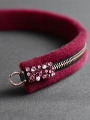 Closeup of a luxurious burgundy fabric headband adorned with sparkling crystals and a gold zipper detail.  A perfect image for fashion, beauty, or accessory websites.
