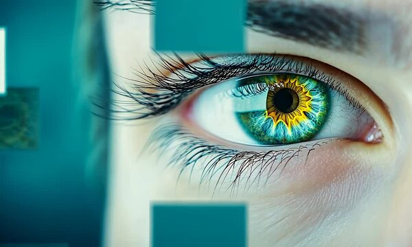 Background with human eye, eye surgery, contact lenses 