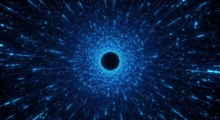 Blue abstract hyperspace tunnel wormhole background with light speed travel and space time distortion