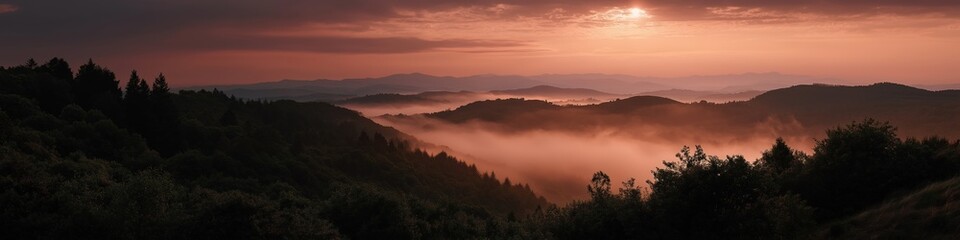Obraz premium Sunset over misty forest hills with dramatic sky