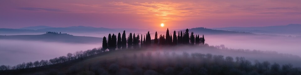Sunrise over misty tuscan hills with silhouette of trees