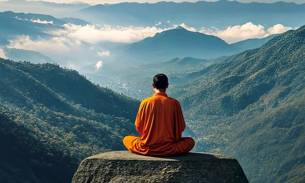 Tibetan monk meditating at the edge of high cliff. beautiful view of valley with river at the background