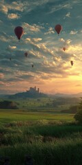 Obraz premium Peaceful hot air balloons at sunset near castle in scenic landscape