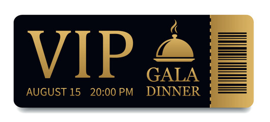  VIP Gala Dinner Ticket with Gold Embossing and Barcode. Vector Luxury Black Ticket with Logo. Elegant Design for Dinner, Events, Shows, Concerts, Exclusive Parties and Premium Access