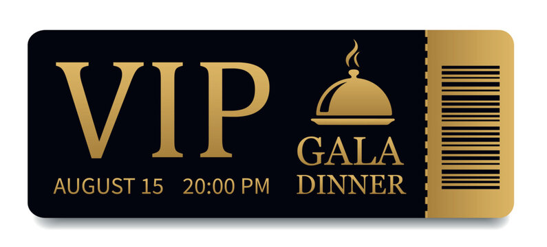 VIP Gala Dinner Ticket with Gold Embossing and Barcode. Vector Luxury Black Ticket with Logo. Elegant Design for Dinner, Events, Shows, Concerts, Exclusive Parties and Premium Access