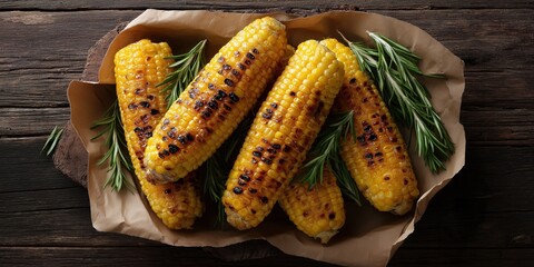 Grilled corn on the cob with fresh rosemary on rustic wooden surface