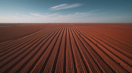 Fototapeta premium Expansive red farmland with neatly arranged furrows under a clear blue sky during a sunny day