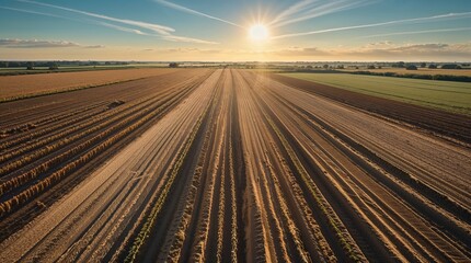 Fototapeta premium Sunrise over expansive farmland showcasing plowed fields and vibrant horizon in early morning light