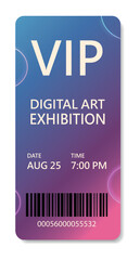  VIP ticket with bright gradient, date, barcode. Vector modern bright vertical. Use design template for digital art exhibitions, NFT, concerts, festivals, parties and exclusive premium event