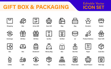 Elegantly Crafted Gift Box and Packaging Icon Set: Perfect for Celebrating Special Occasions, Events, and Holidays with High-Quality Icons that Enhance Branding, Digital Designs, and Print Media