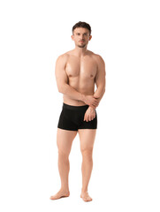 Fototapeta premium Young man in stylish black underwear on white background