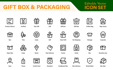 Elegantly Crafted Gift Box and Packaging Icon Set: Perfect for Celebrating Special Occasions, Events, and Holidays with High-Quality Icons that Enhance Branding, Digital Designs, and Print Media