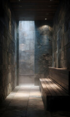 Serene escape luminous space wooden benches stone walls beckon relaxation peaceful ambiance tranquility spa experience