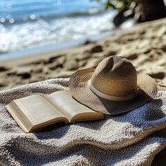Beach relaxation setup: a sun hat and an interesting book placed on a soft towel, awaiting a reader.