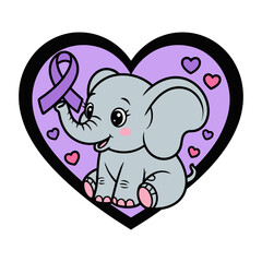Cute Elephant with Alzheimer's Awareness Ribbon in Heart