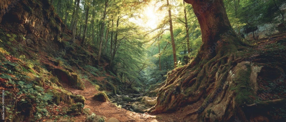 Poster scenic view of sunlight filtering through lush green forest canopy with winding path and exposed tre