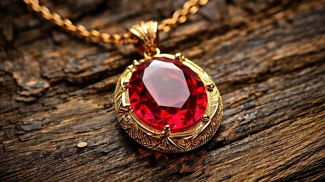 Gold necklace with ruby pendant on wood.