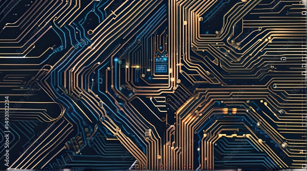 Poster complex circuitry design showcasing intricate patterns and connections on a motherboard under studio