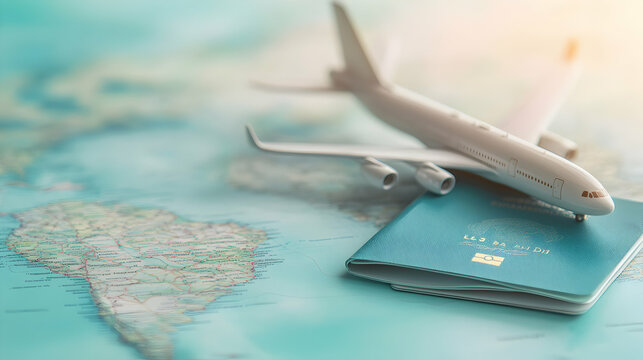 Airplane Model on Passport Over World Map for Travel Planning