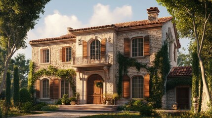 Rustic stone house, sunlit facade, lush landscaping