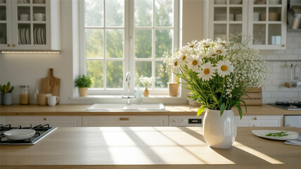 Fototapeta premium A bright, modern kitchen interior with natural sunlight streaming through a large white-framed window.