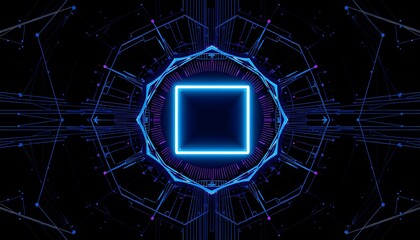 A glowing blue square at the center, surrounded by intricate, neon  like technological patterns on a black background. 