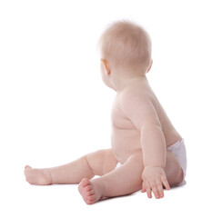 Cute little baby in diaper on white background