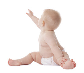 Cute little baby in diaper on white background
