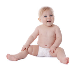 Cute little baby in diaper on white background