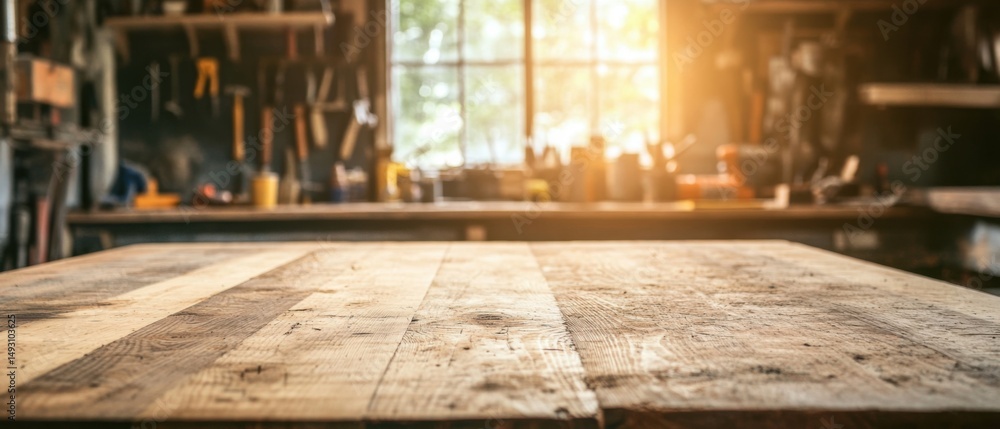 Poster rustic wooden tabletop in workshop with tools and natural light background close up low angle perspe