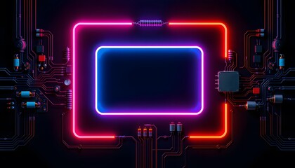 A digital  themed image with neon  lit frames on a circuit board background, featuring a central empty space. 