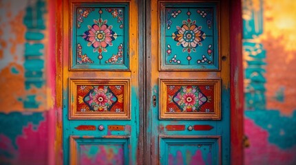 Colorful wooden doors adorned with intricate floral designs in a vibrant urban setting showcasing local artistry and cultural heritage