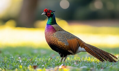 Fototapeta premium Vibrant male pheasant in a sunny field with colorful plumage and lush green grass