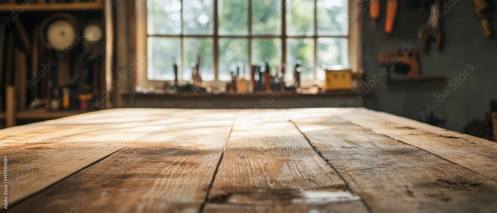 Poster rustic wood tabletop in workshop with tools and window light low angle product mockup background