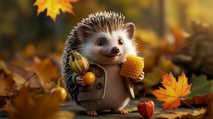 A digital art illustration of a cute cartoon hedgehog character wearing a brown buttoned jacket, standing among autumn leaves.
