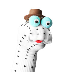 Funny sock puppet with hat isolated on white