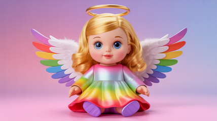 Fototapeta premium A digital illustration of a cute angel doll with blonde wavy hair and a golden halo against a pink gradient background.