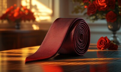 Elegant Burgundy Tie Rolled on Wooden Table with Soft Sunlight and Beautiful Roses in Background