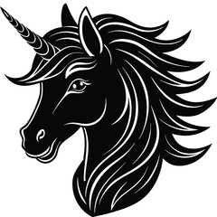 Majestic Black Unicorn Head Illustration Mythical Creature Art