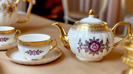 Fototapeta premium A high-quality photograph of an elegant porcelain tea set on a beige tablecloth.