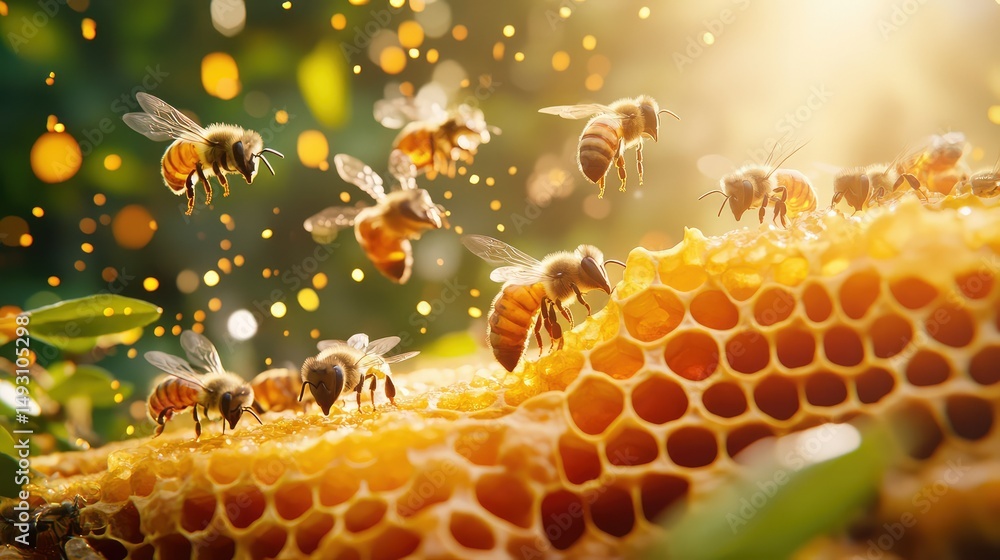 Poster 3d rendering of a thriving beehive, showing nurse-to-forager transition with radiant hexagonal patte